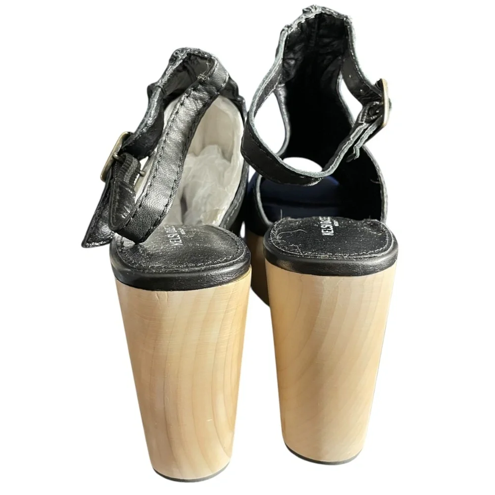 Kelsi Dagger Brooklyn Nova Platform Mules 5.5 black leather peep toe wooden Y2k
